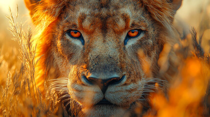 A majestic lion gazing thoughtfully, surrounded by golden grass under a glowing sunset