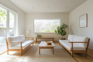 Fototapeta premium Bright, minimalist living room with large window and wooden furn