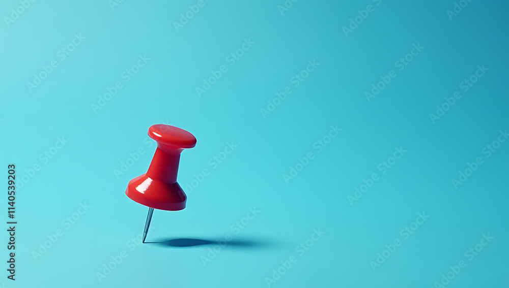 Poster group of pin, thumbtack with copy space against a blue desk table background for creative compositio