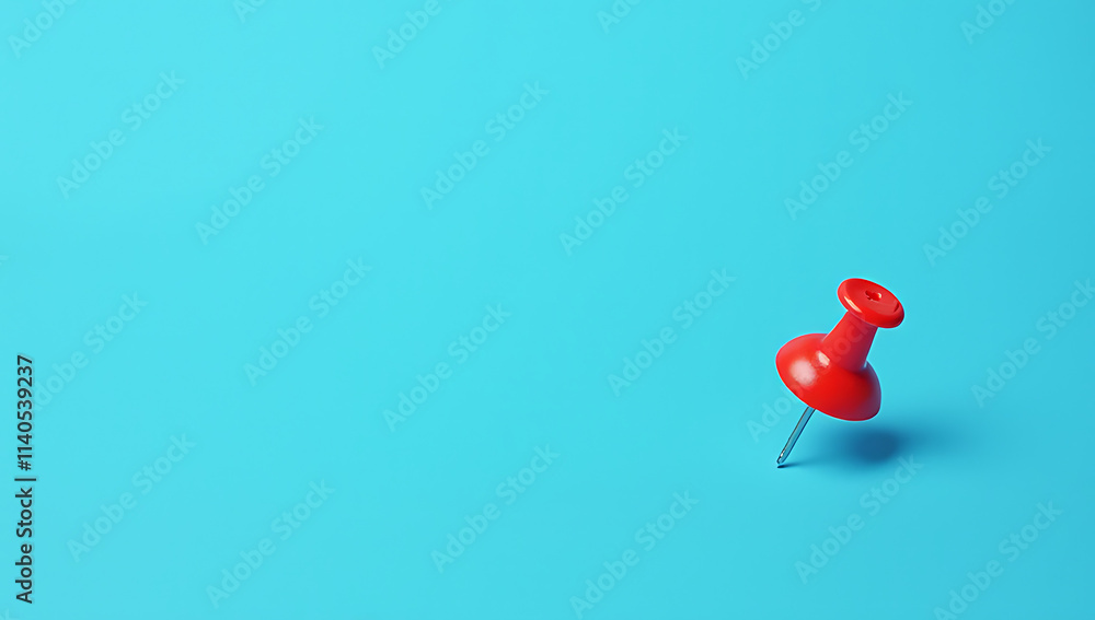 Poster group of pin, thumbtack with copy space against a blue desk table background for creative compositio