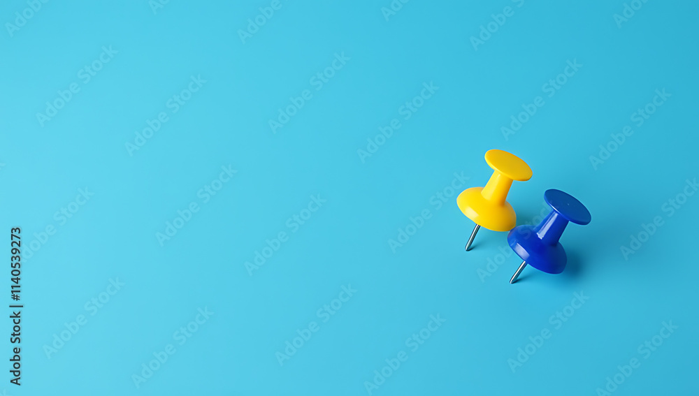 Poster group of pin, thumbtack with copy space against a blue desk table background for creative compositio