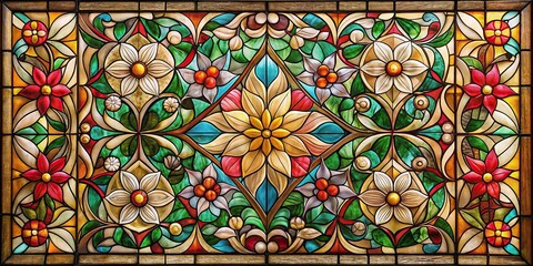 Stained glass window with abstract floral pattern