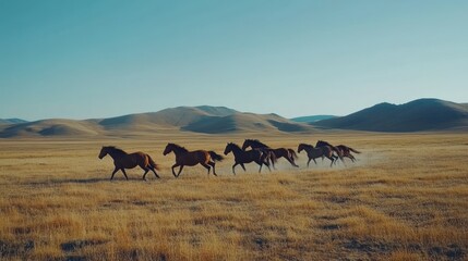 A herd of horses galloping across a vast, open landscape under a clear blue sky.