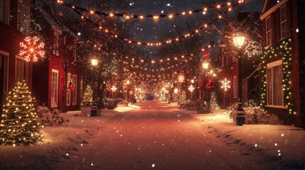 Cozy Snowy Street Scene with Christmas Decorations and Festive Lights, Perfect for Holiday Themed Projects and Seasonal Celebrations