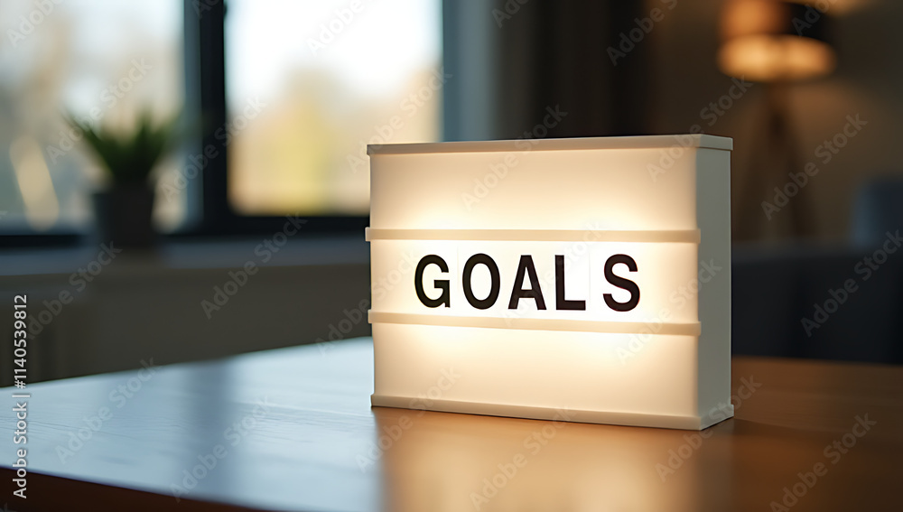 Poster goals written on a light box placed on a home office desk table with clear visibility every day._000