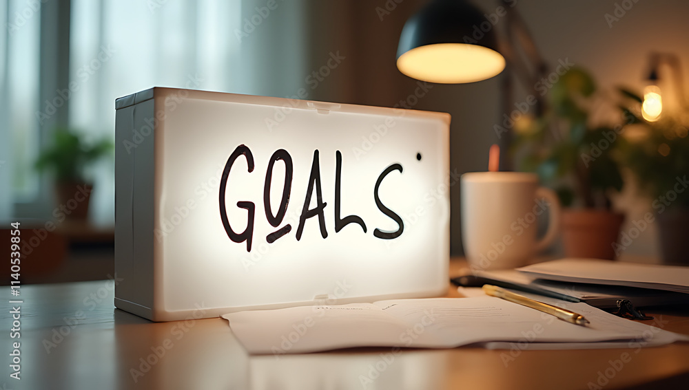 Poster goals written on a light box placed on a home office desk table with clear visibility every day._000