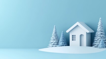 Naklejka premium Minimalist snow scene with house and trees.