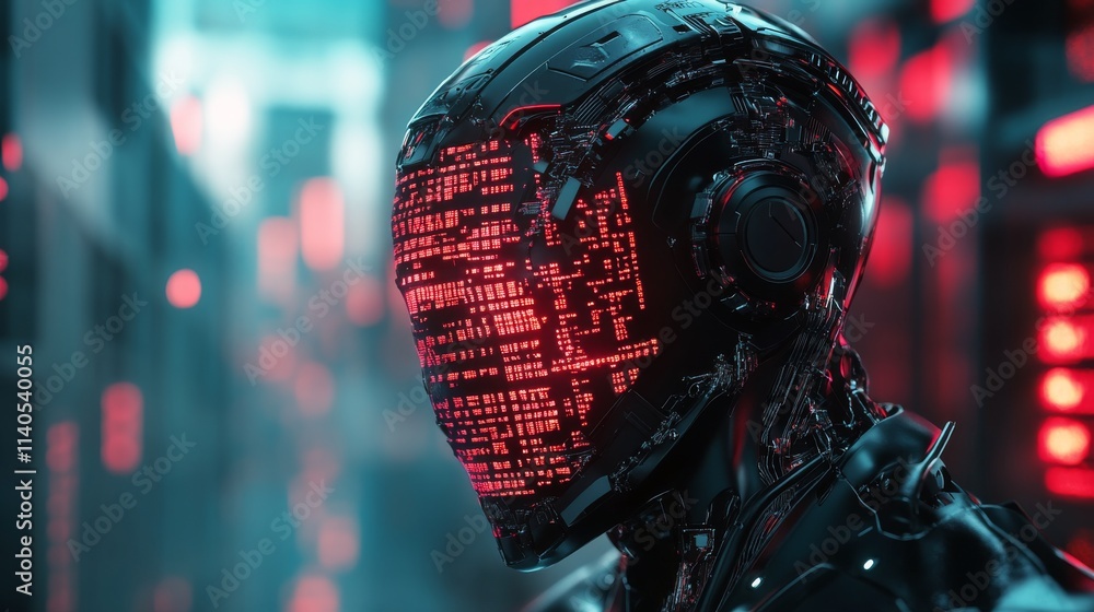 Poster robot with glowing circuitry in futuristic urban setting during nighttime