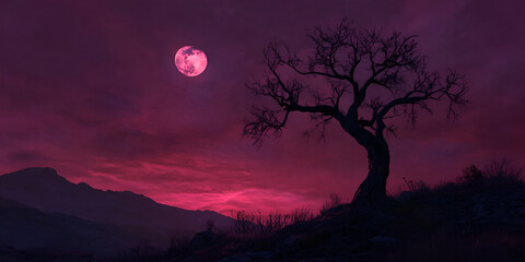 Fototapeta premium Dramatic Moonlit Scene with Lone Tree and Vibrant Night Sky