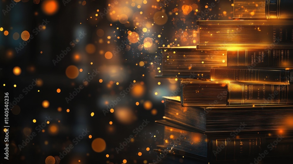 Poster a stack of books illuminated by warm light and surrounded by glowing particles.