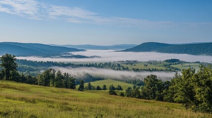 Naklejka premium A serene landscape with rolling hills and fog covering the valleys under a clear blue sky.