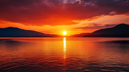 Obraz premium A breathtaking sunset over a calm lake, reflecting vibrant orange and purple hues.