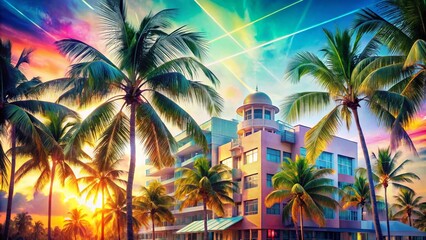 Fototapeta premium Miami Beach Hotel Double Exposure, Park Central Surreal Photography, Art Deco Fantasy, Sun, Ocean, Palm Trees