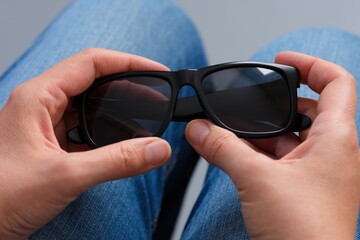 Woman holding sunglasses in her hands.