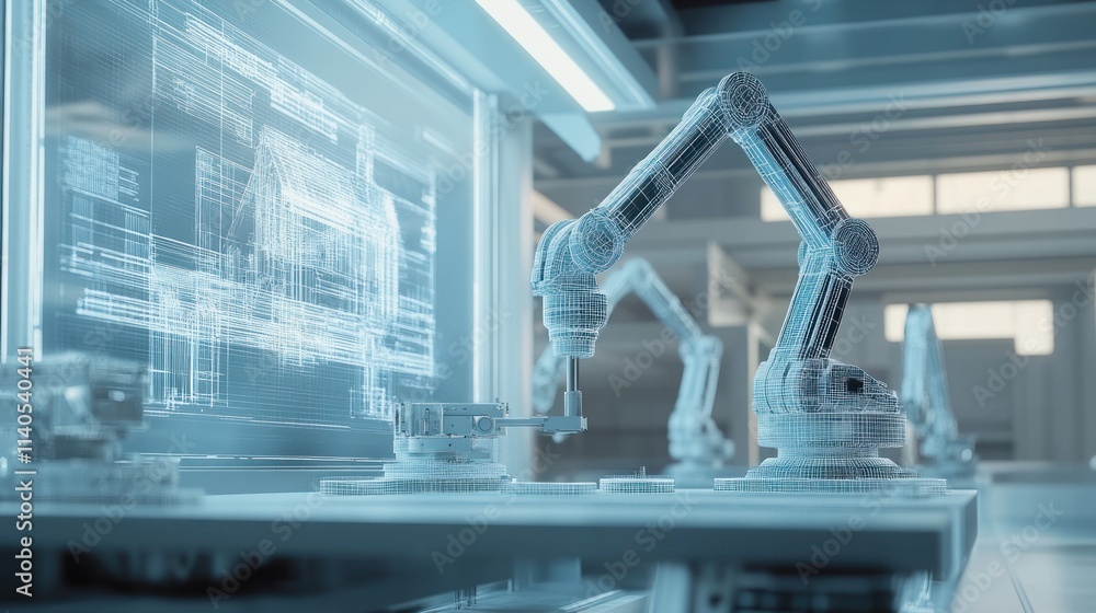 Poster a futuristic workspace featuring robotic arms and digital blueprints for automation.