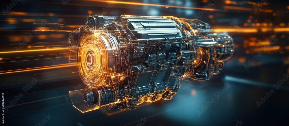 Poster a futuristic engine design with glowing elements and dynamic lines, showcasing advanced technology.