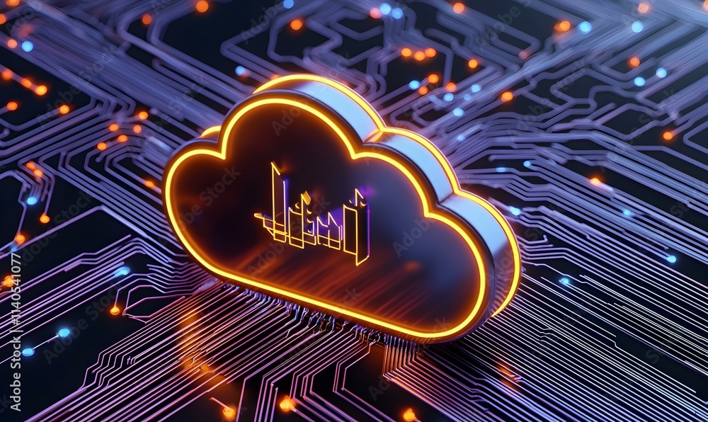 Poster digital cloud icon on circuit board with graphs and data lines