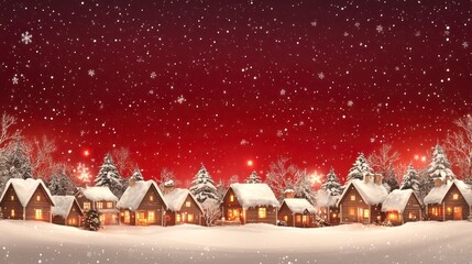 Snowy Christmas Village Scene with Cozy Wooden Houses, Framed by Snowflakes and a Festive Red Sky, Perfect for Holiday Greetings and Seasonal Decor