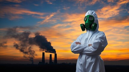 Scientist wearing hazmat suit and gas mask posing in front of polluting factory at sunset