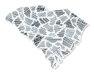 South Carolina shape text cloud. State border with shadow on white background. South Carolina with counties division in vintage gazette style. Vibrant vector illustration.