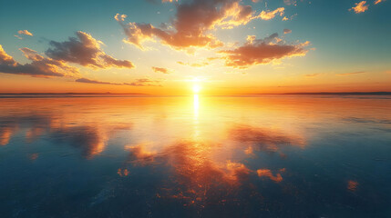 Golden Sunset Reflection in Calm Ocean Water - Realistic Photo