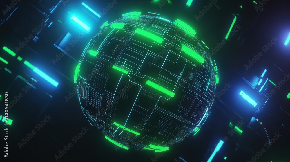 Poster a digital sphere with glowing lines, representing technology and data visualization.