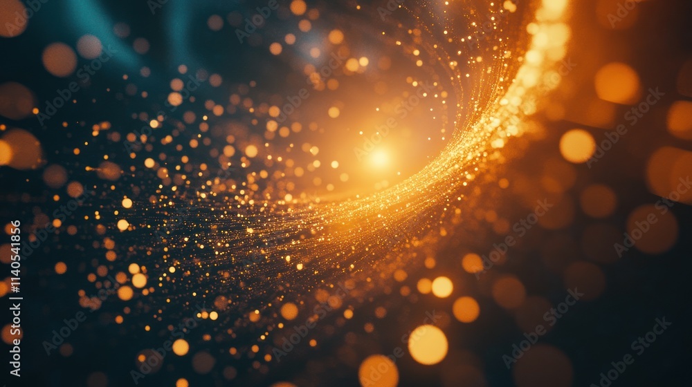 Poster abstract visualization of glowing particles swirling in a cosmic-like environment.