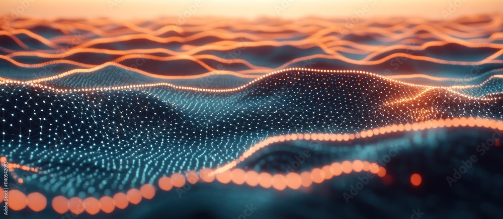 Poster abstract representation of waves with glowing dots, suggesting data visualization or digital art.