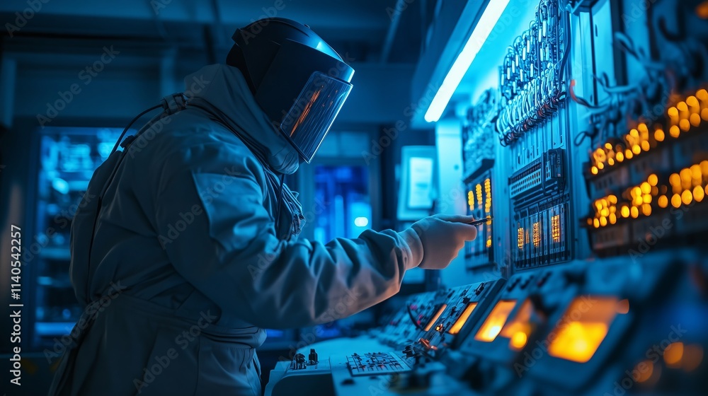 Poster electrical engineer working on control panel in futuristic datacenter