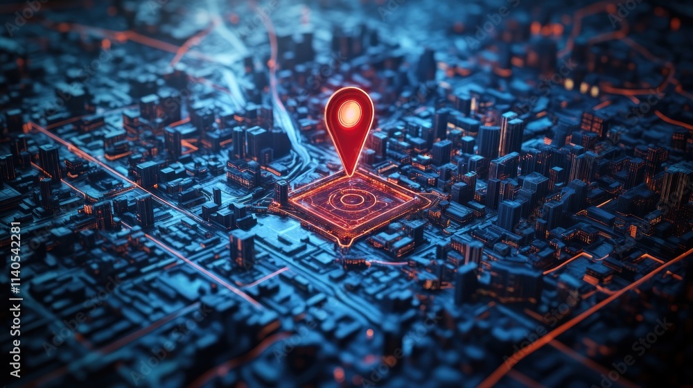 Poster a digital map view highlighting a location pin in a futuristic cityscape.
