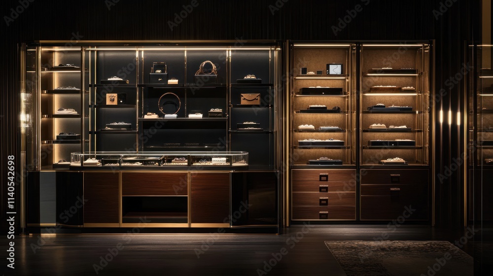 Poster a luxurious display of various high-end items in a well-lit showcase.