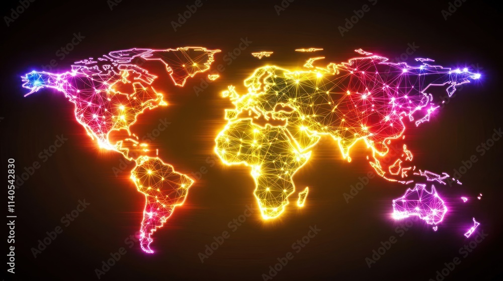 Poster a colorful, illuminated world map showcasing global connectivity through networks.