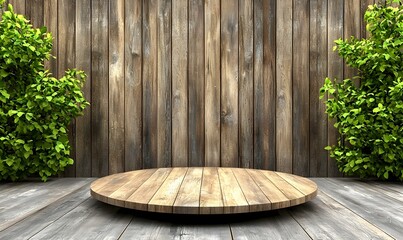 Wooden Background with Green Plants and Round Display Platform