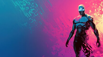 Naklejka premium A futuristic humanoid figure with glowing features against a vibrant gradient background.