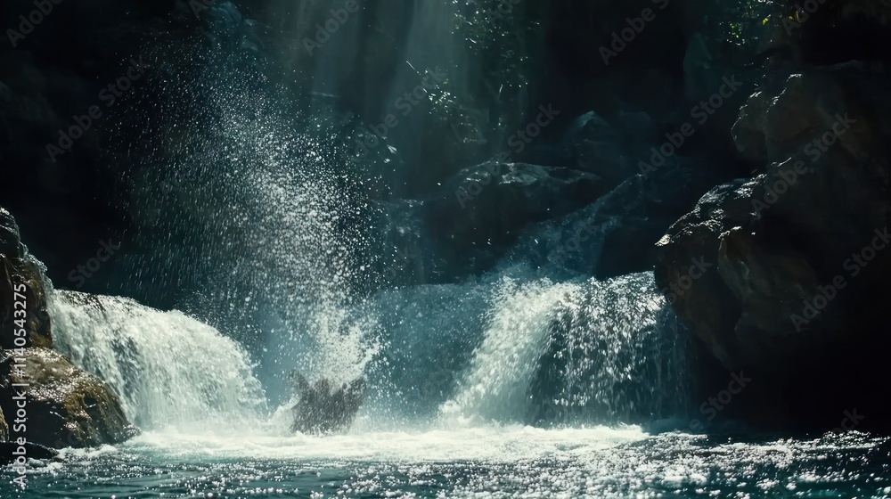 Aufkleber a serene waterfall scene with sunlight filtering through trees, creating a tranquil atmosphere.