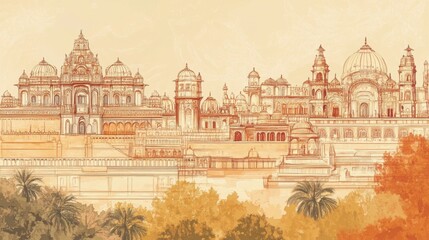 Stunning hand-drawn depiction of Rajasthan's iconic architectural landmarks.