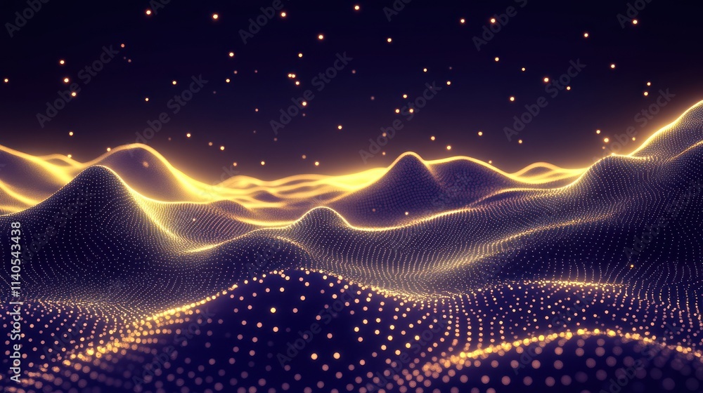 Poster abstract digital landscape with glowing lines and particles.