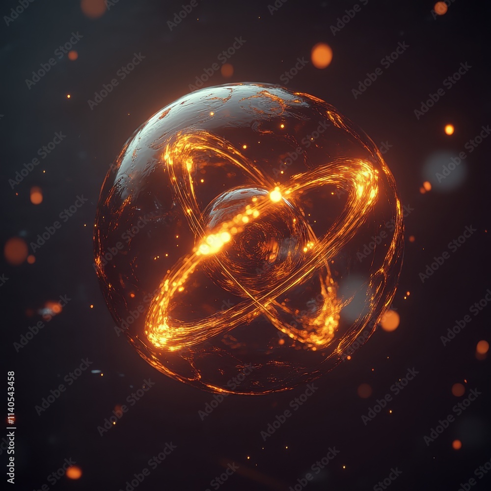 Poster an abstract 3d rendering of an atom with glowing orange elements against a dark background.