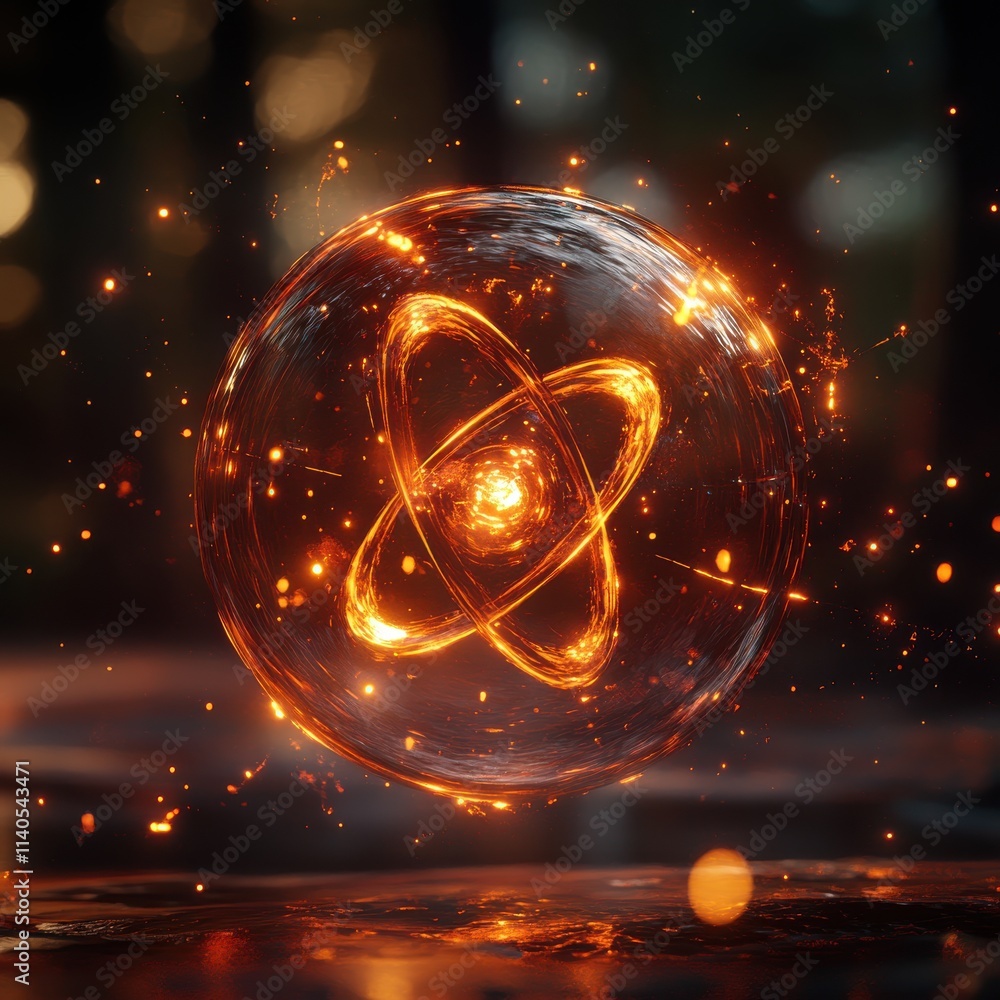 Poster a glowing, fiery atom symbol encapsulated in a clear sphere, surrounded by sparkling particles in a 