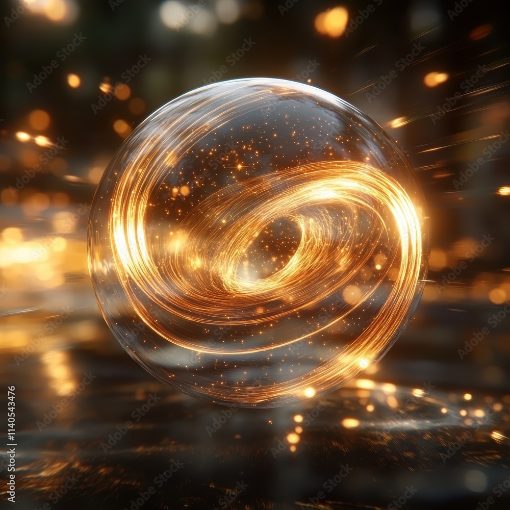 Poster a mesmerizing glowing orb swirls with golden light, set against a blurred background of sparkles and