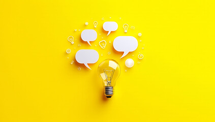 Creative ideas are formed through innovative concepts, visualized with lightbulbs and speech bubbles on a bright yellow background._00003_