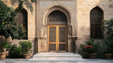 Majestic Entrance with Intricate Designs and Elegant Golden Doors