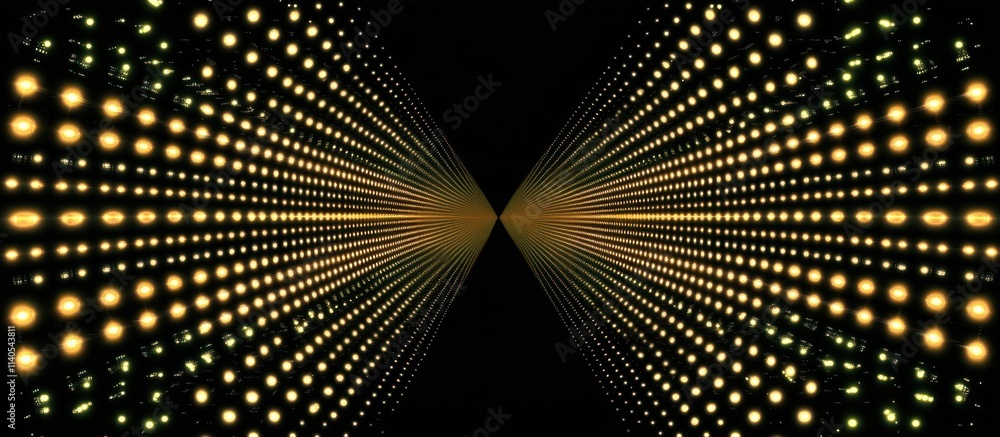 Poster a visually striking perspective of lights converging in a dark space, creating depth.