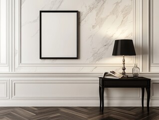 Mockup of blank frame on marble wall with table lamp.
