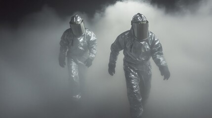 Fototapeta premium Two firefighters walking through smoke during hazard emergency response training exercise