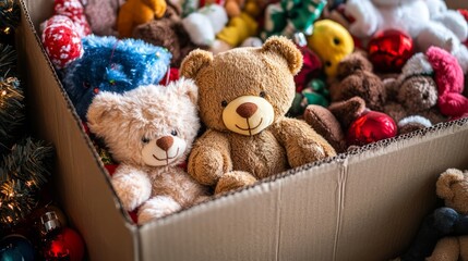 A box full of stuffed teddy bears, including two white ones
