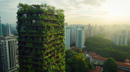 A vertical garden skyscraper in the heart of the city, covered in cascading greenery and designed to blend nature with urban architecture, offering residents a sustainable living space