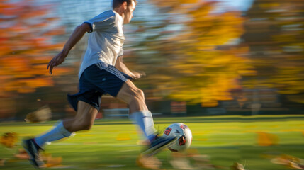 Dynamic Action Shot of Football Player Mid-Kick	