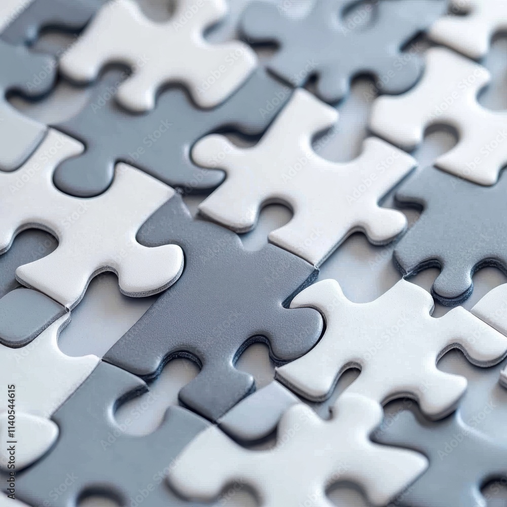 Poster close-up of abstract gray and white puzzle pieces, creating a visually intriguing and complex patter