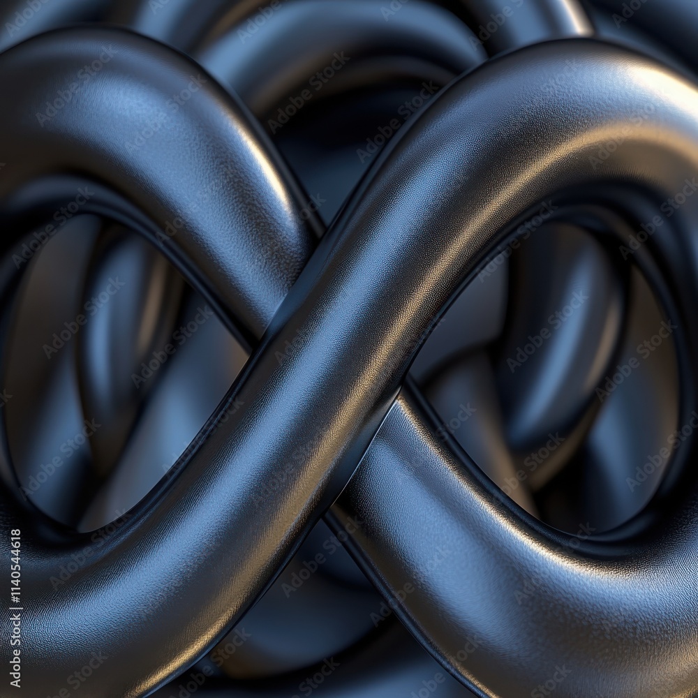 Poster abstract view of interwoven glossy black shapes creating a complex and dynamic visual effect.